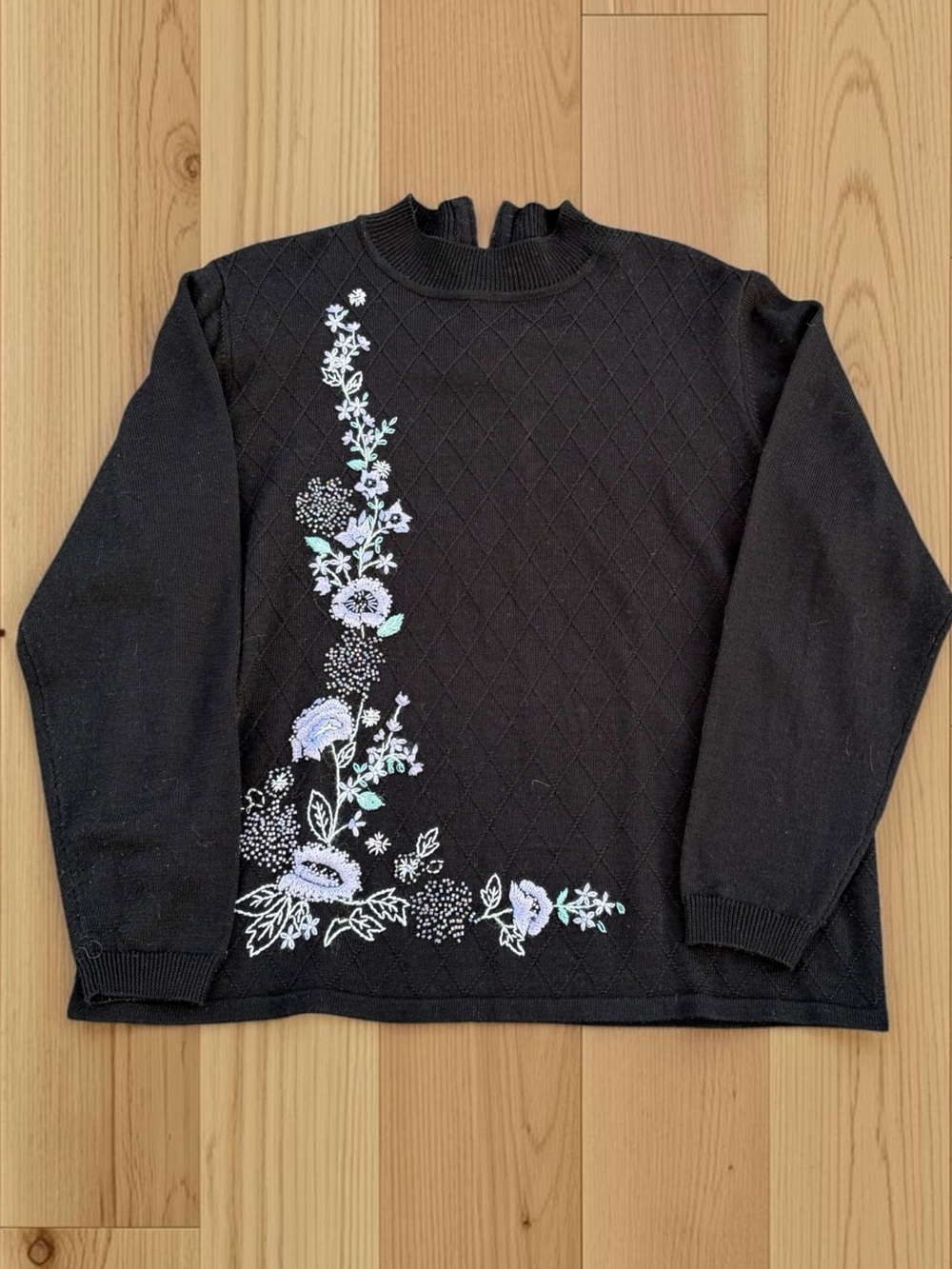 Alfred Dunner Wool Blend Sweater XL Black Embroidered Floral Mock Neck